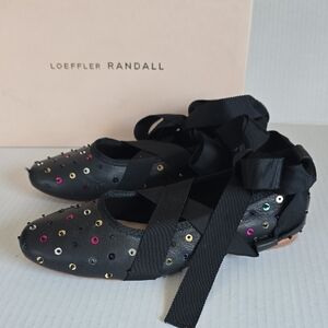 Loeffler Randall Black Multi Sequin-Embellished Ribbon Tie Ballet Flats Sz 6